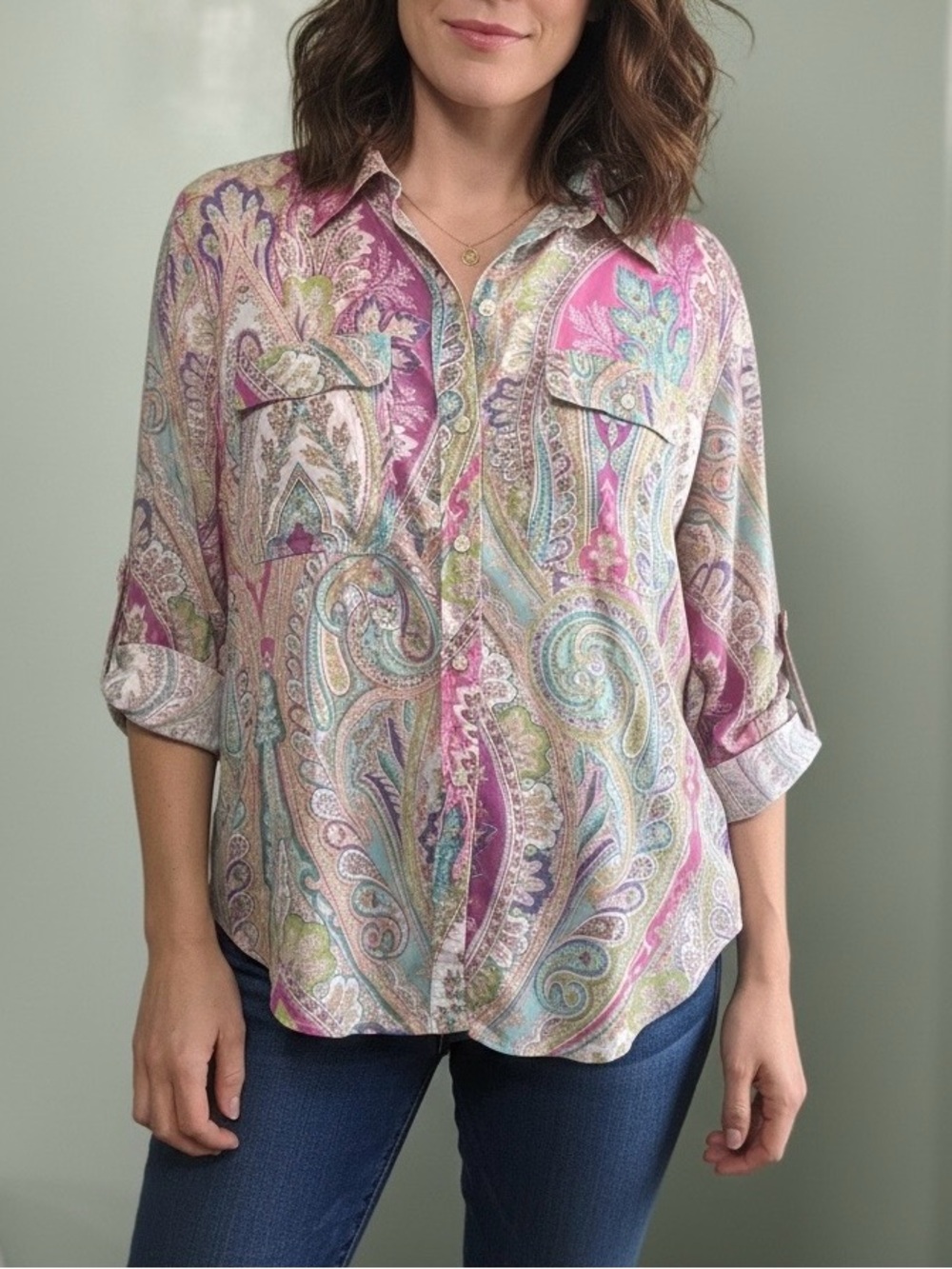 Lauren Ralph Lauren Women’s Paisley Print Button Shirt 100% Cotton Petite PL